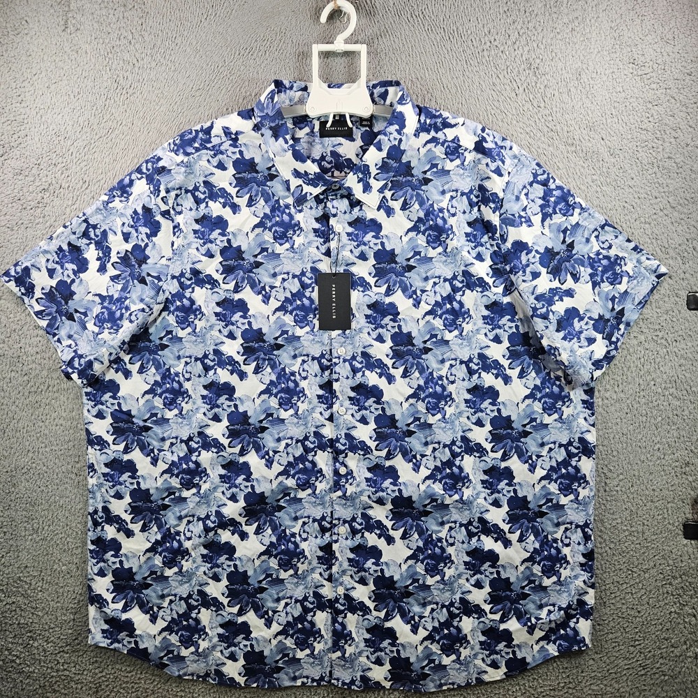 $89 NEW Perry Ellis Shirt Men 4X Stretch Button Short Sleeve Floral Blue White